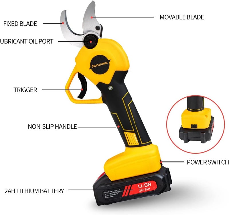 SCHTUMPA 21V Electric Pruning Shears, 40mm(1.6 Inch) Cutting Diameter Electric Pruners for Gardening Heavy Duty with Replacement Blade Set, 2 Batteries and Charger - Image 2